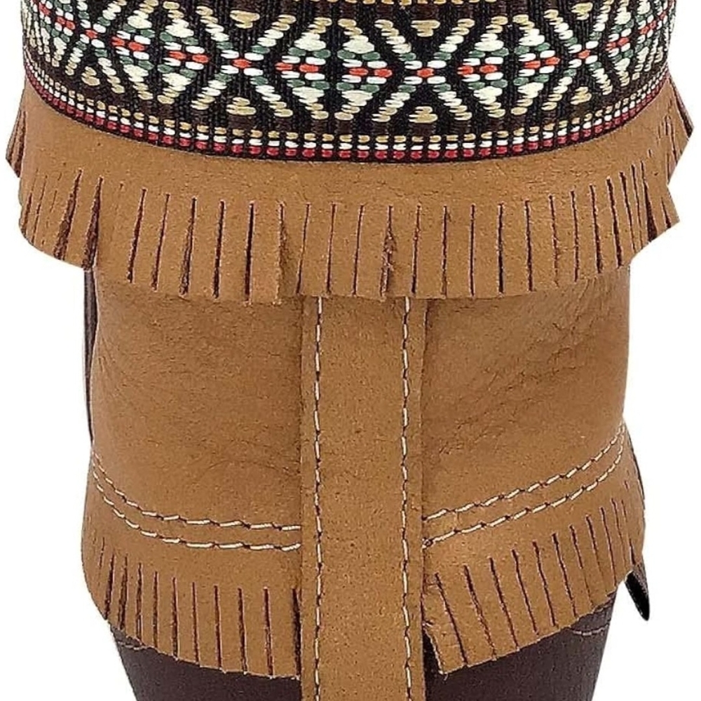 Laurentian Chief Canada Fringed Tan Leather Moccasin Boot with Southwestern Trim - Picture 5 of 6